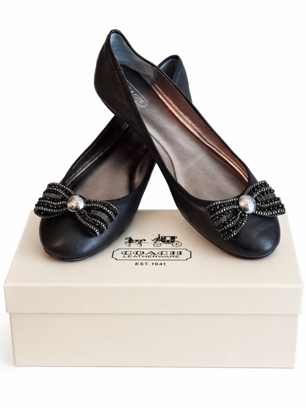Coach Delores Sheep Black Leather Flats with Decorative Bow